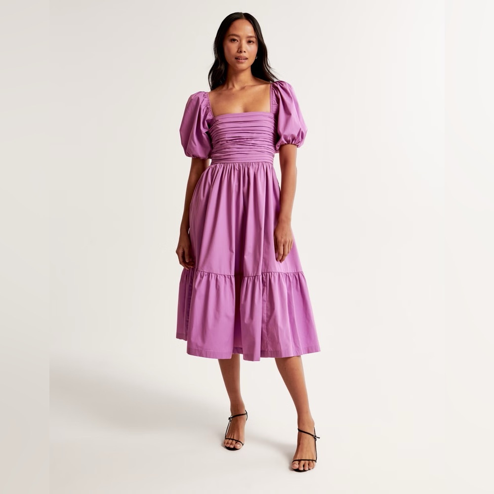 Abercrombie & Fitch Lavender Puff-Sleeve Midi Dress